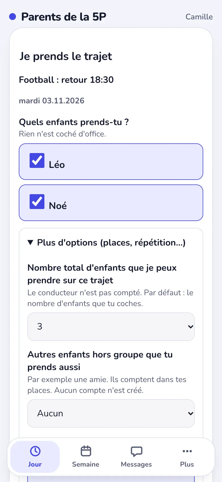 Écran « Je prends le trajet » : on coche chaque enfant et on indique les places.